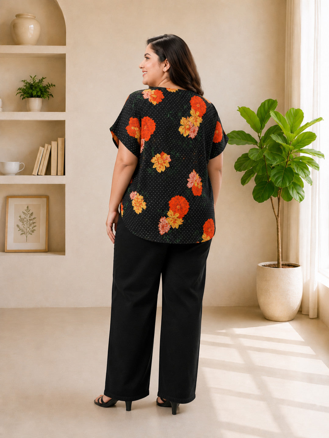 Women Plus Size Black Floral Print Top - Pre Order