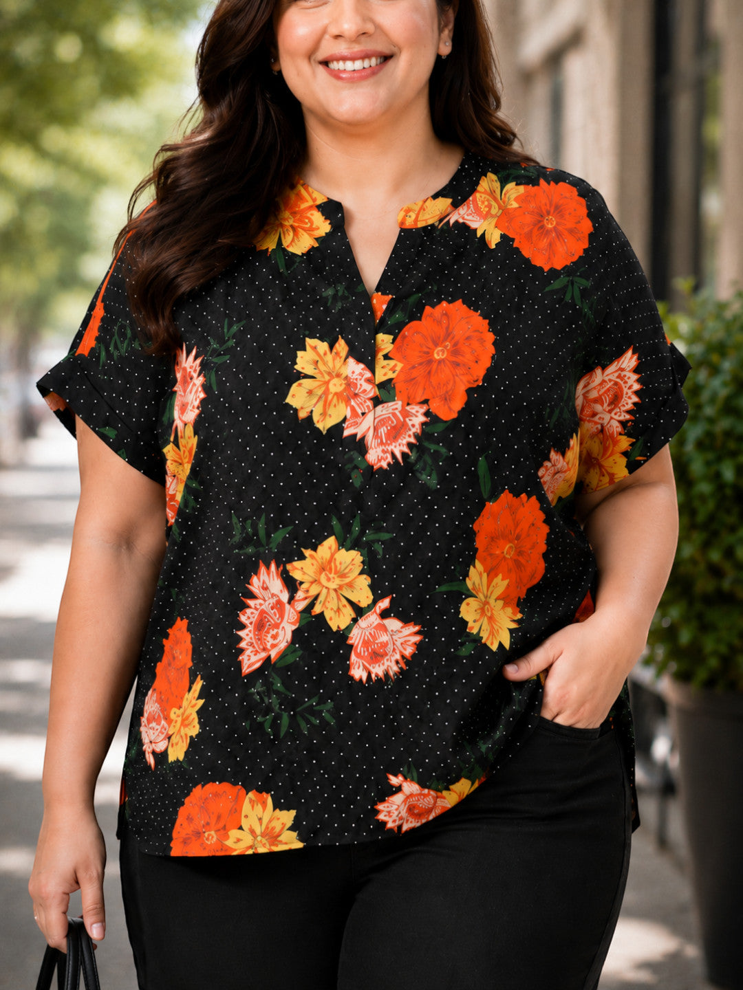 Women Plus Size Black Floral Print Top - Pre Order