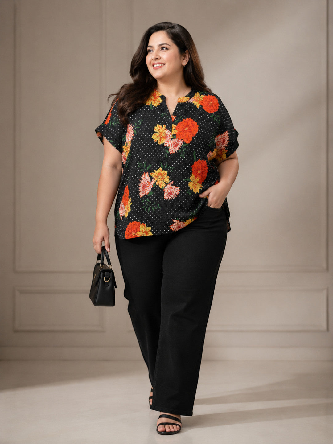 Women Plus Size Black Floral Print Top - Pre Order