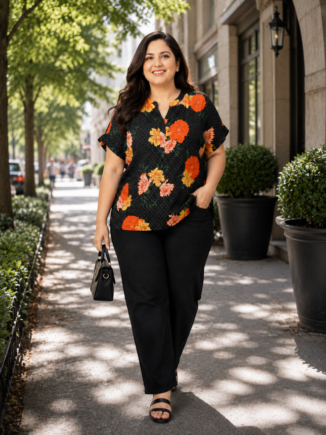 Women Plus Size Black Floral Print Top - Pre Order