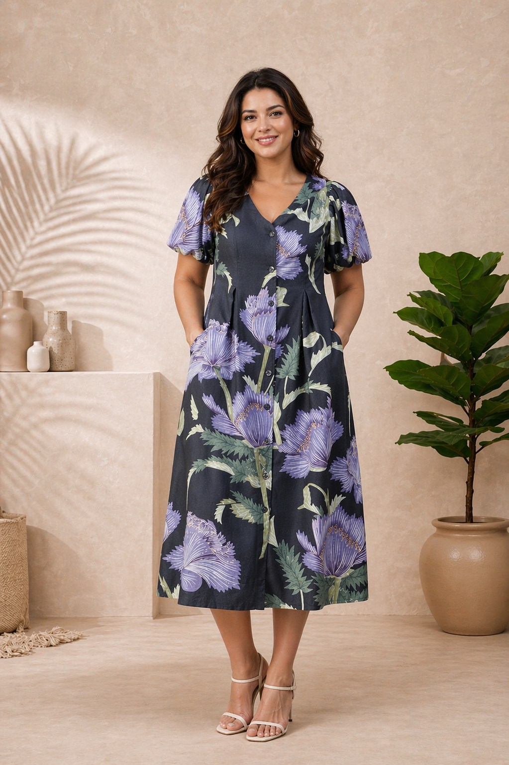 Blue Floral Print Cotton Linen Dress
