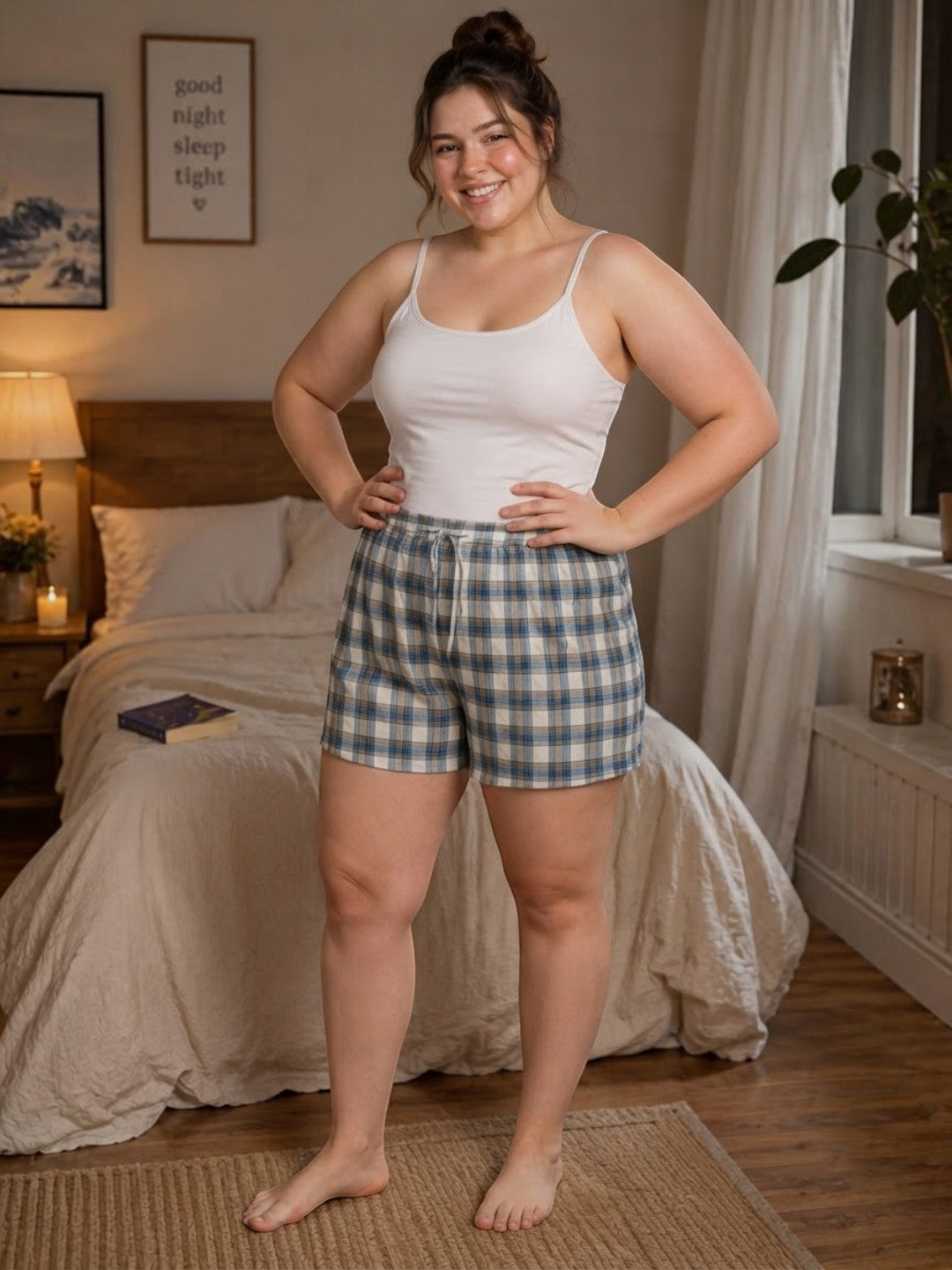 Women Plus Size Multicolor Check Cotton Nightwear Shorts Oxolloxo