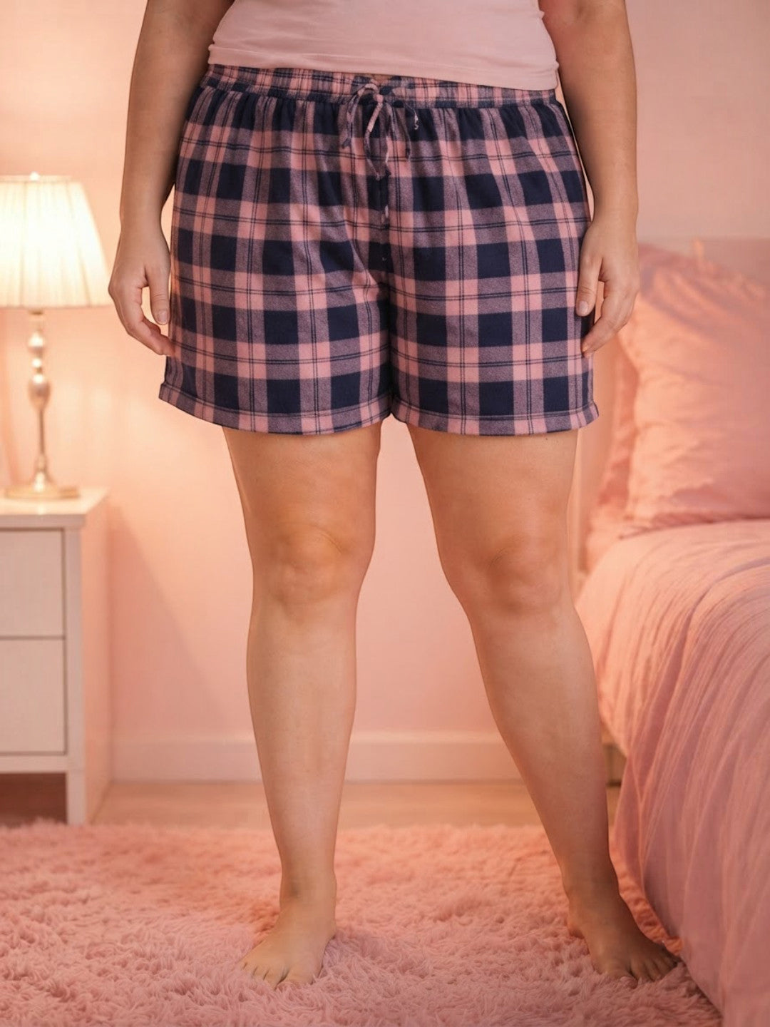 Women Plus Size Multicolor Check Cotton Nightwear Shorts Oxolloxo