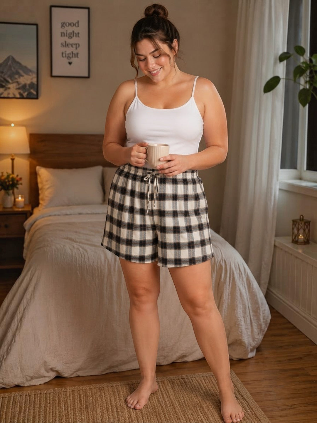 Women Plus Size Multicolor Check Cotton Nightwear Shorts Oxolloxo