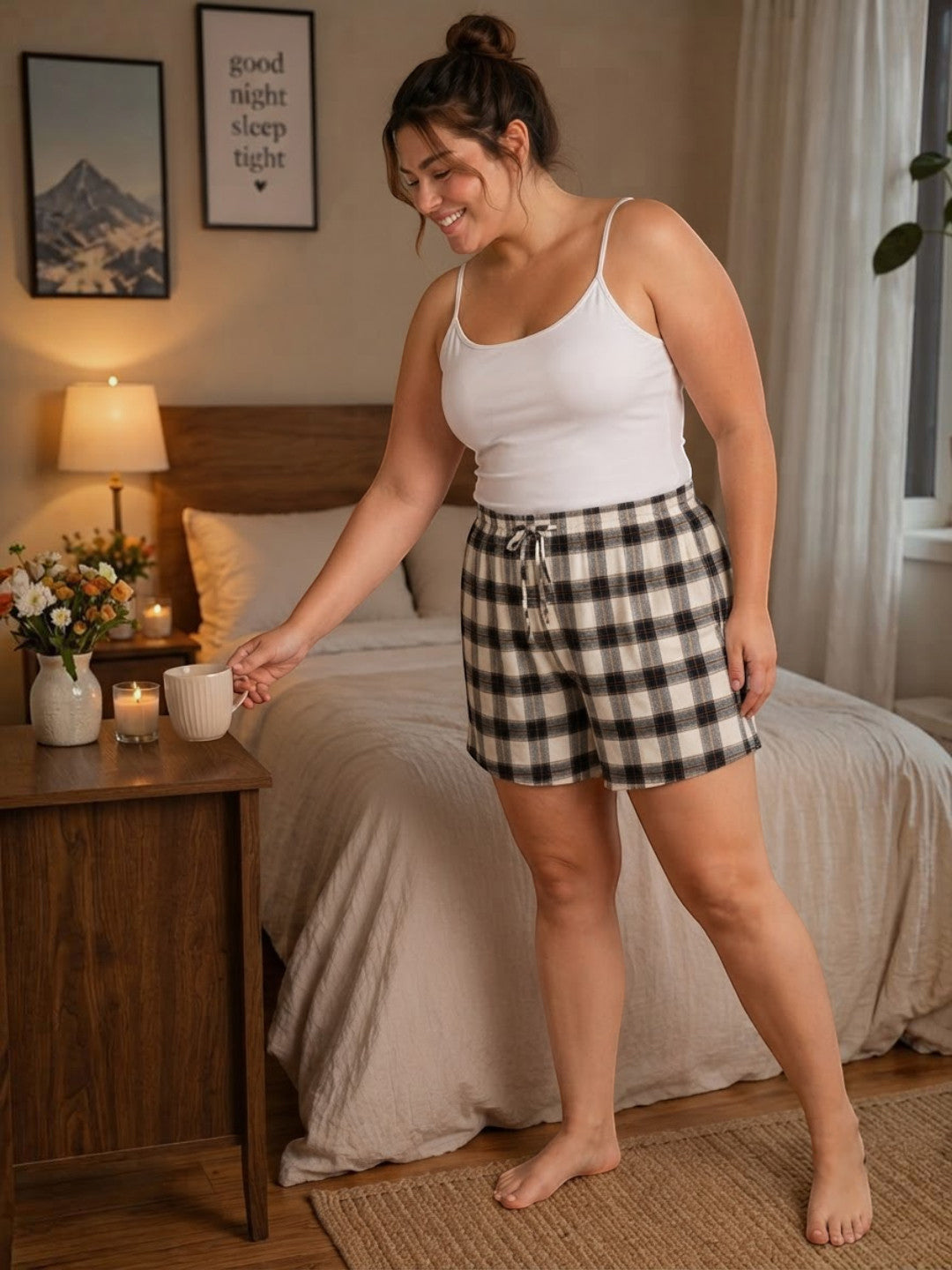 Women Plus Size Multicolor Check Cotton Nightwear Shorts Oxolloxo