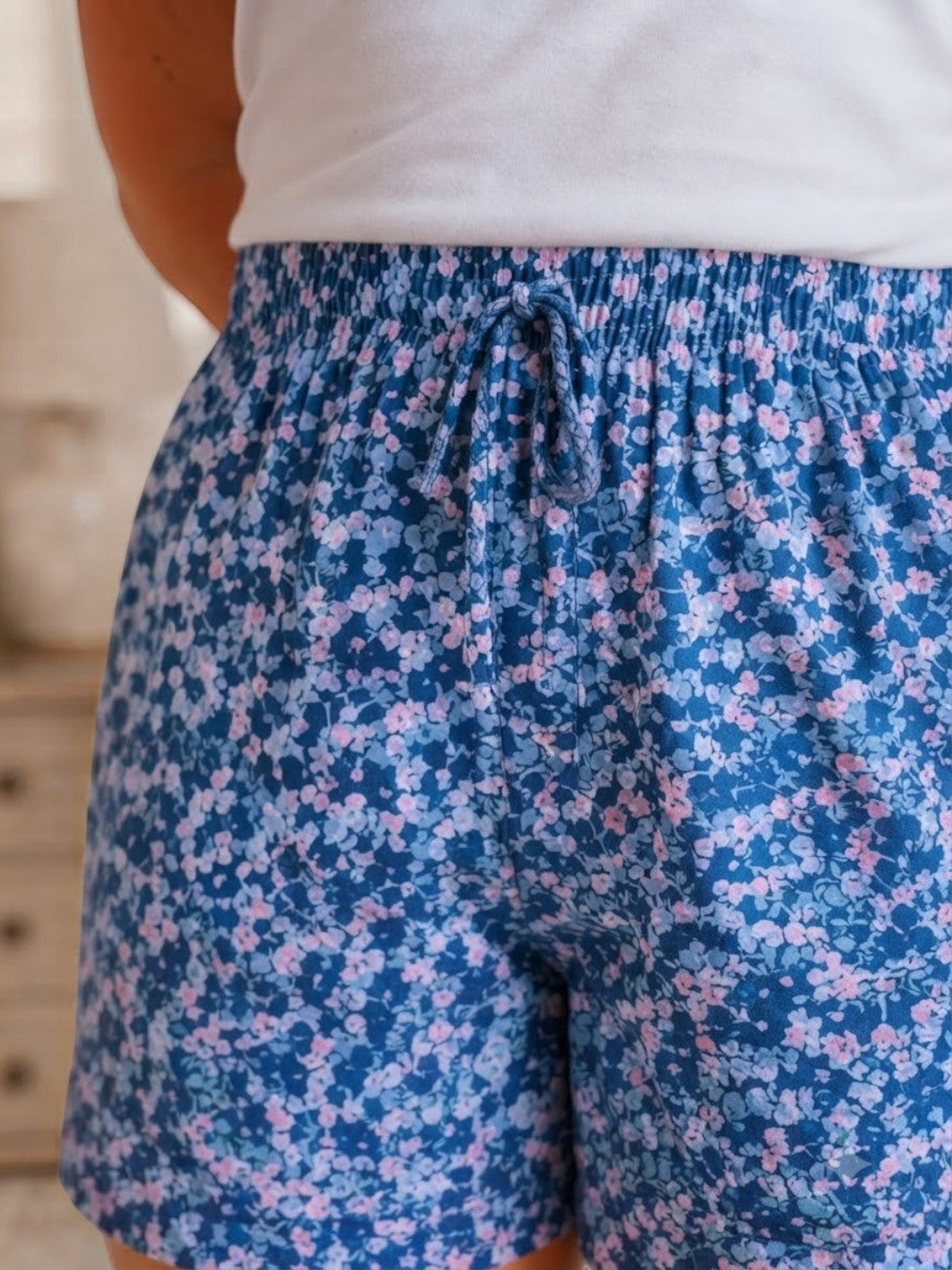Women Plus Size Blue Floral Print Cotton Nightwear Shorts Oxolloxo