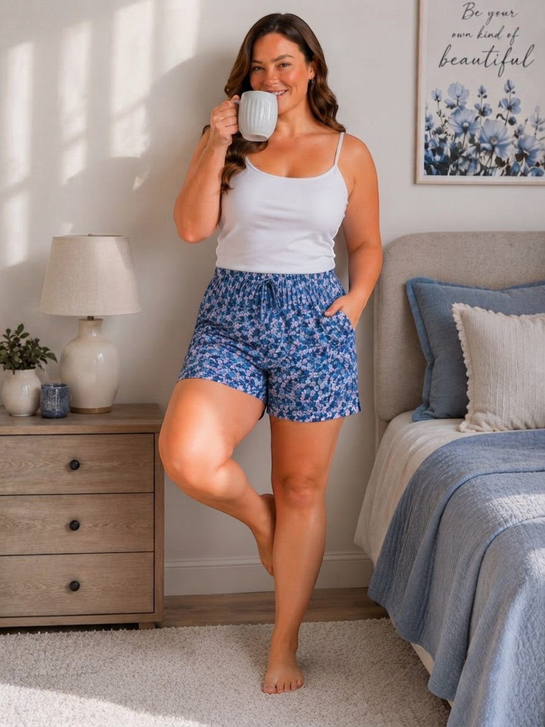 Women Plus Size Blue Floral Print Cotton Nightwear Shorts Oxolloxo