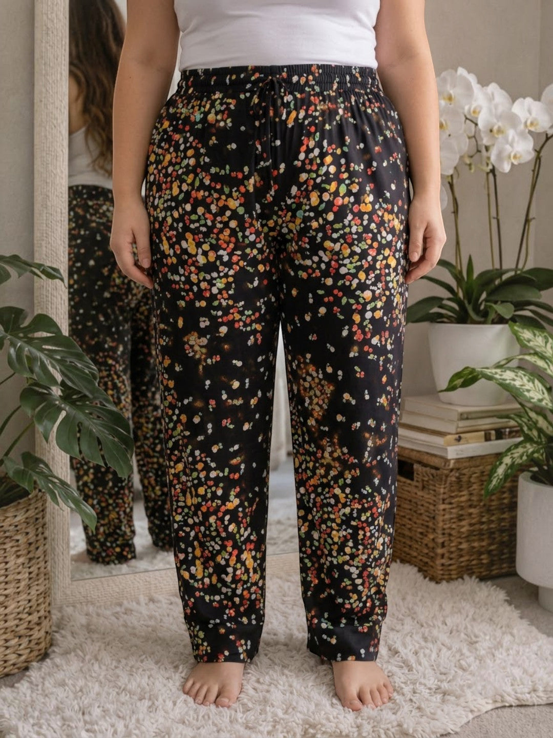 Women Plus Size Black Ditsy Floral Print Viscose Nightwear Pajama Oxolloxo