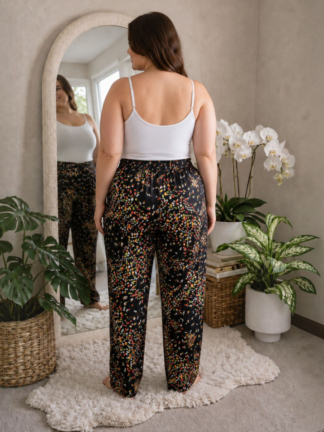 Women Plus Size Black Ditsy Floral Print Viscose Nightwear Pajama Oxolloxo