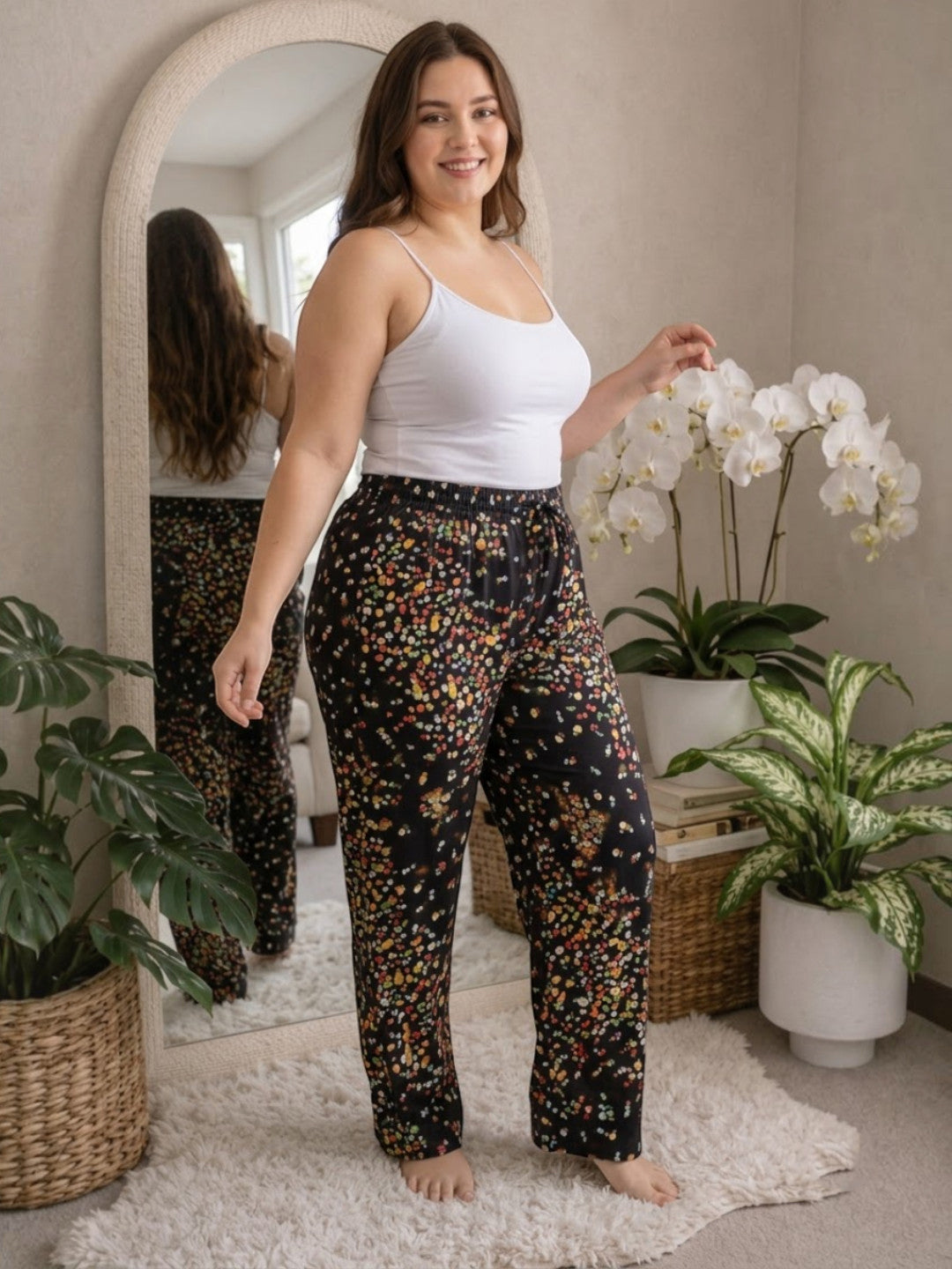 Women Plus Size Black Ditsy Floral Print Viscose Nightwear Pajama Oxolloxo