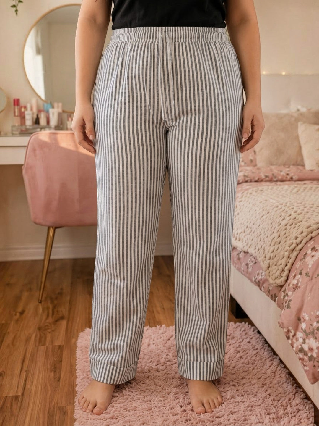 Women Plus Size White Stripes Cotton Nightwear Pajama Oxolloxo
