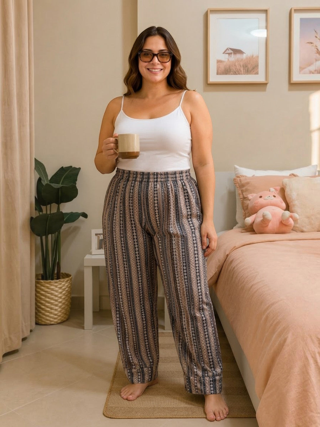 Women Plus Size White Stripes Viscose Nightwear Pajama Oxolloxo