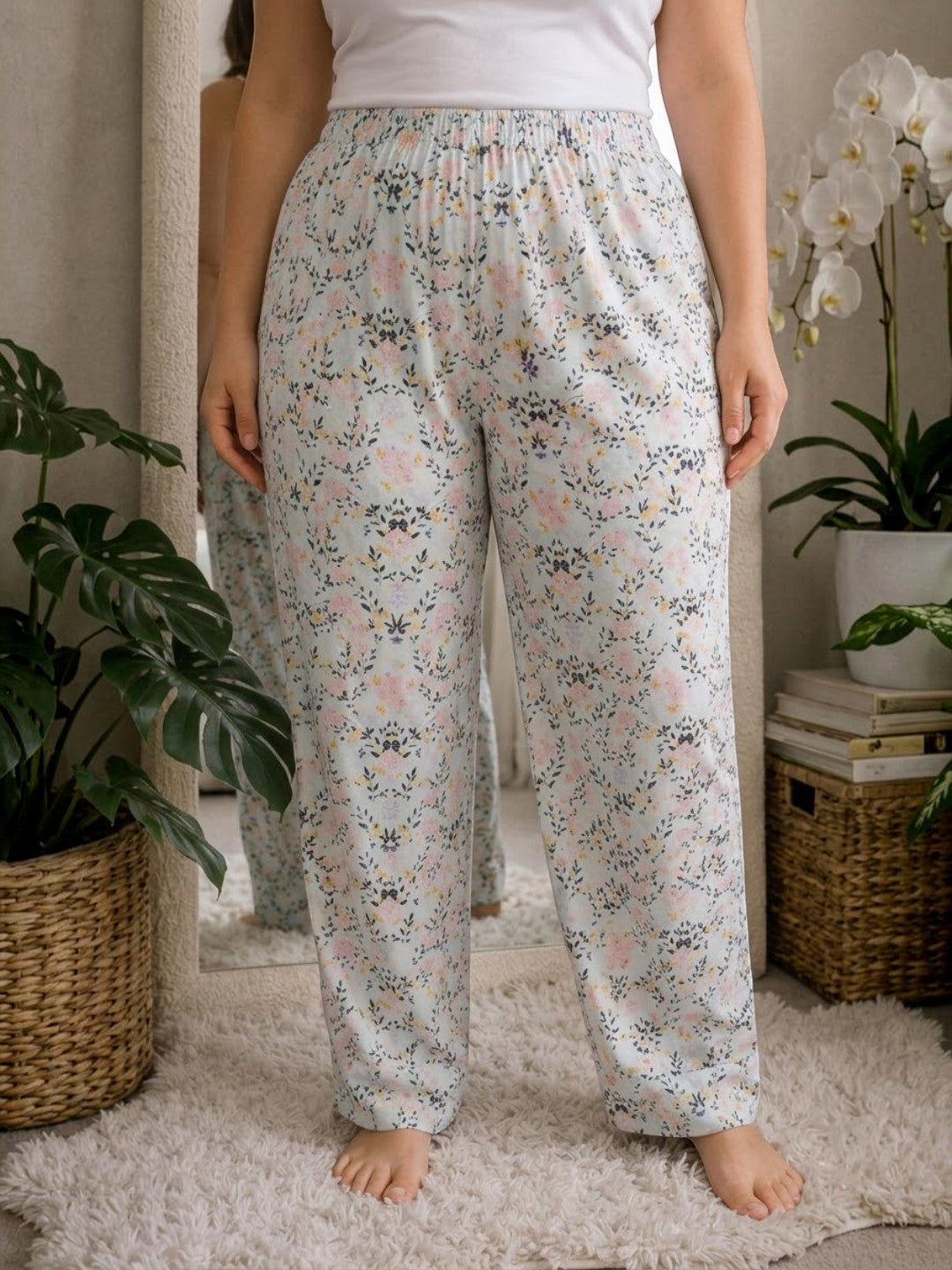 Women Plus Size White Floral Print Nightwear Pajama Oxolloxo