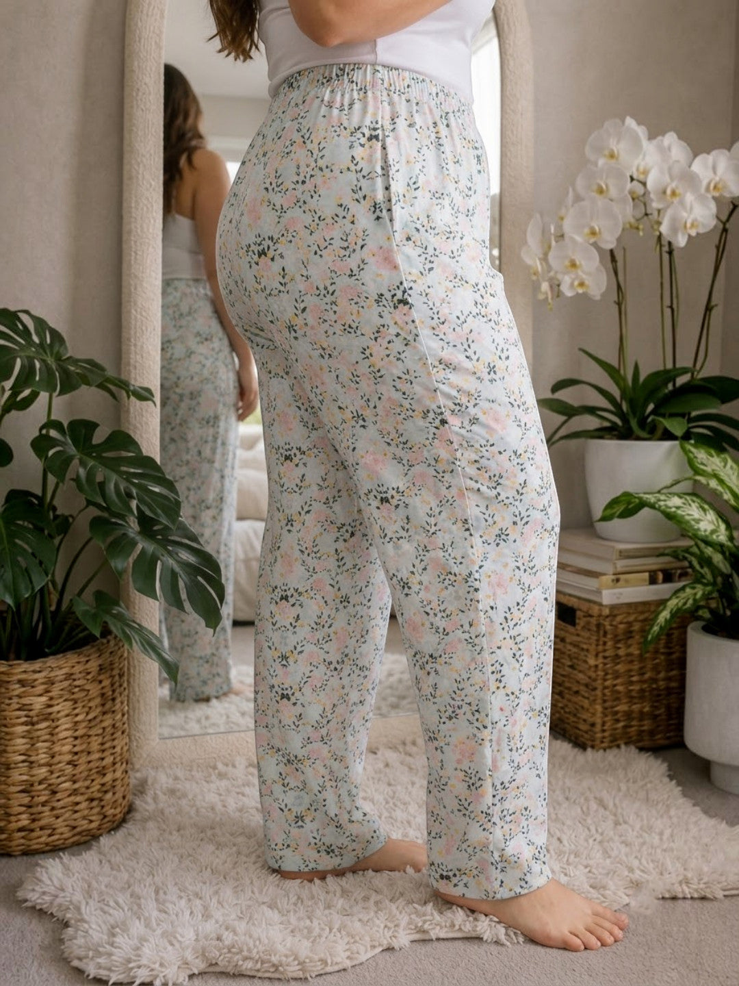 Women Plus Size White Floral Print Nightwear Pajama Oxolloxo
