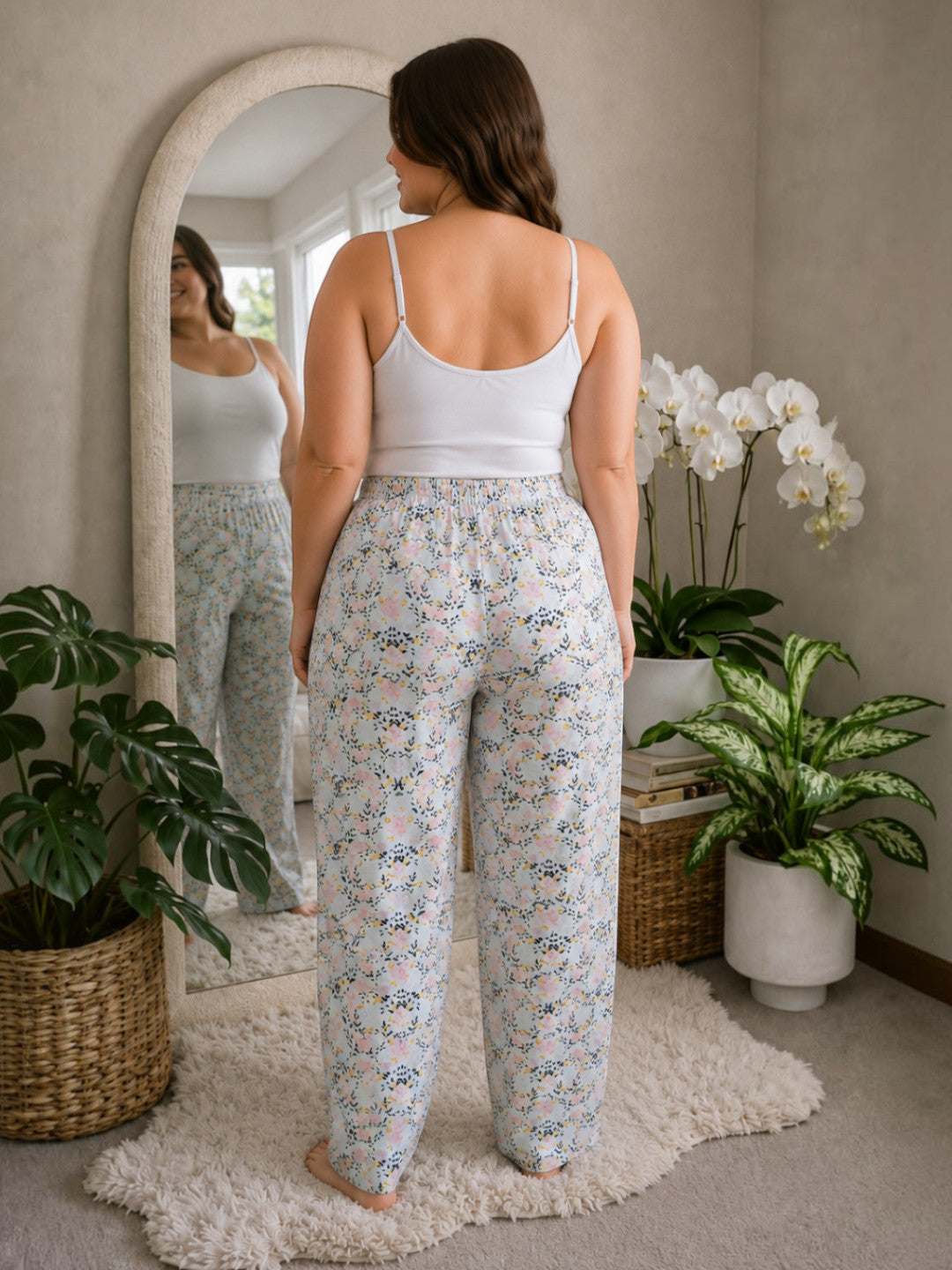 Women Plus Size White Floral Print Nightwear Pajama Oxolloxo