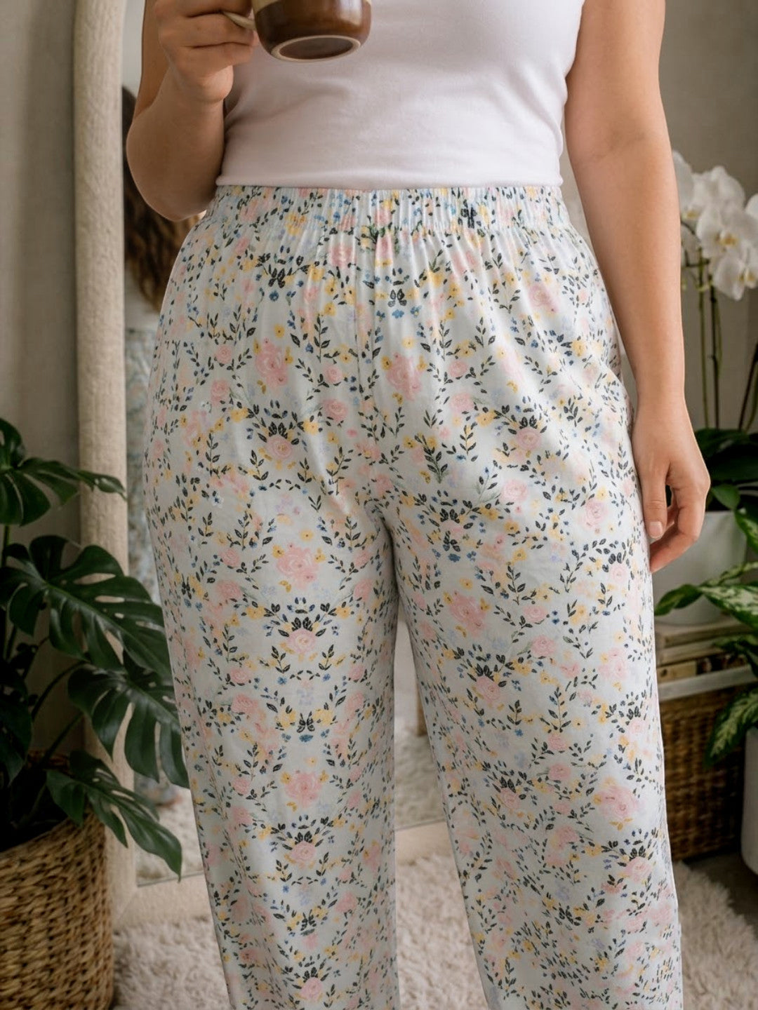Women Plus Size White Floral Print Nightwear Pajama Oxolloxo