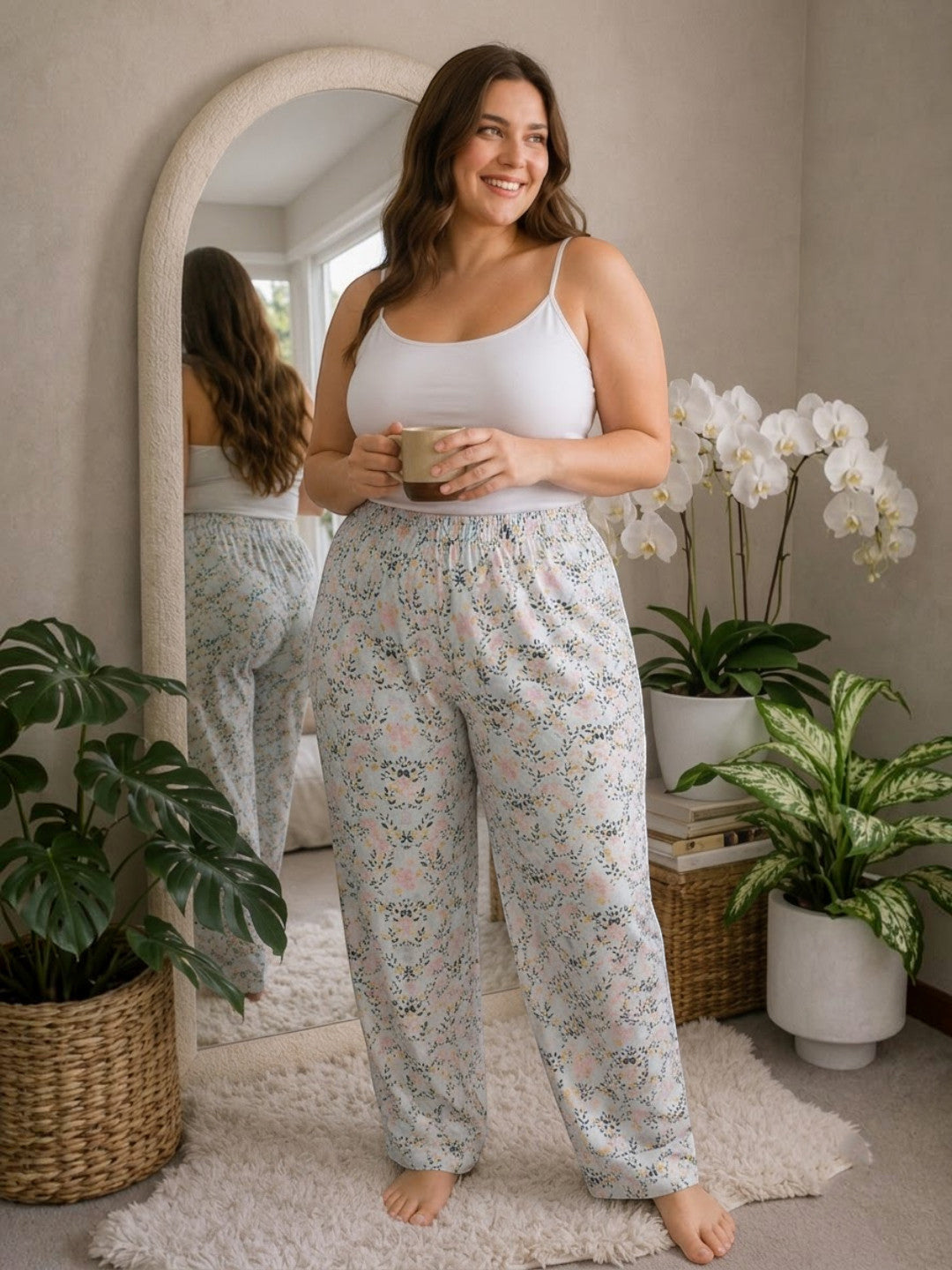 Women Plus Size White Floral Print Nightwear Pajama Oxolloxo