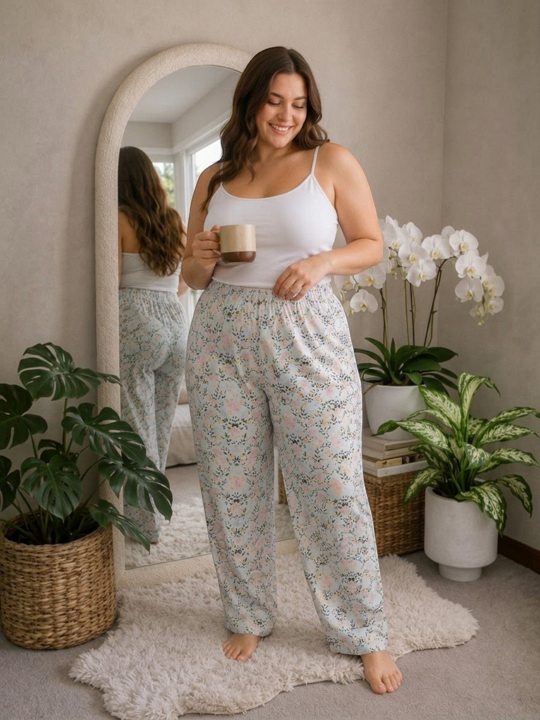 Women Plus Size White Floral Print Nightwear Pajama Oxolloxo