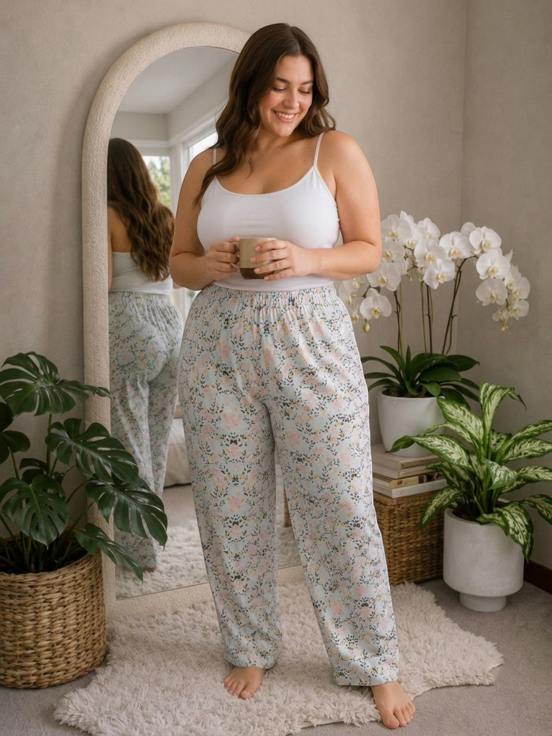 Women Plus Size White Floral Print Nightwear Pajama Oxolloxo