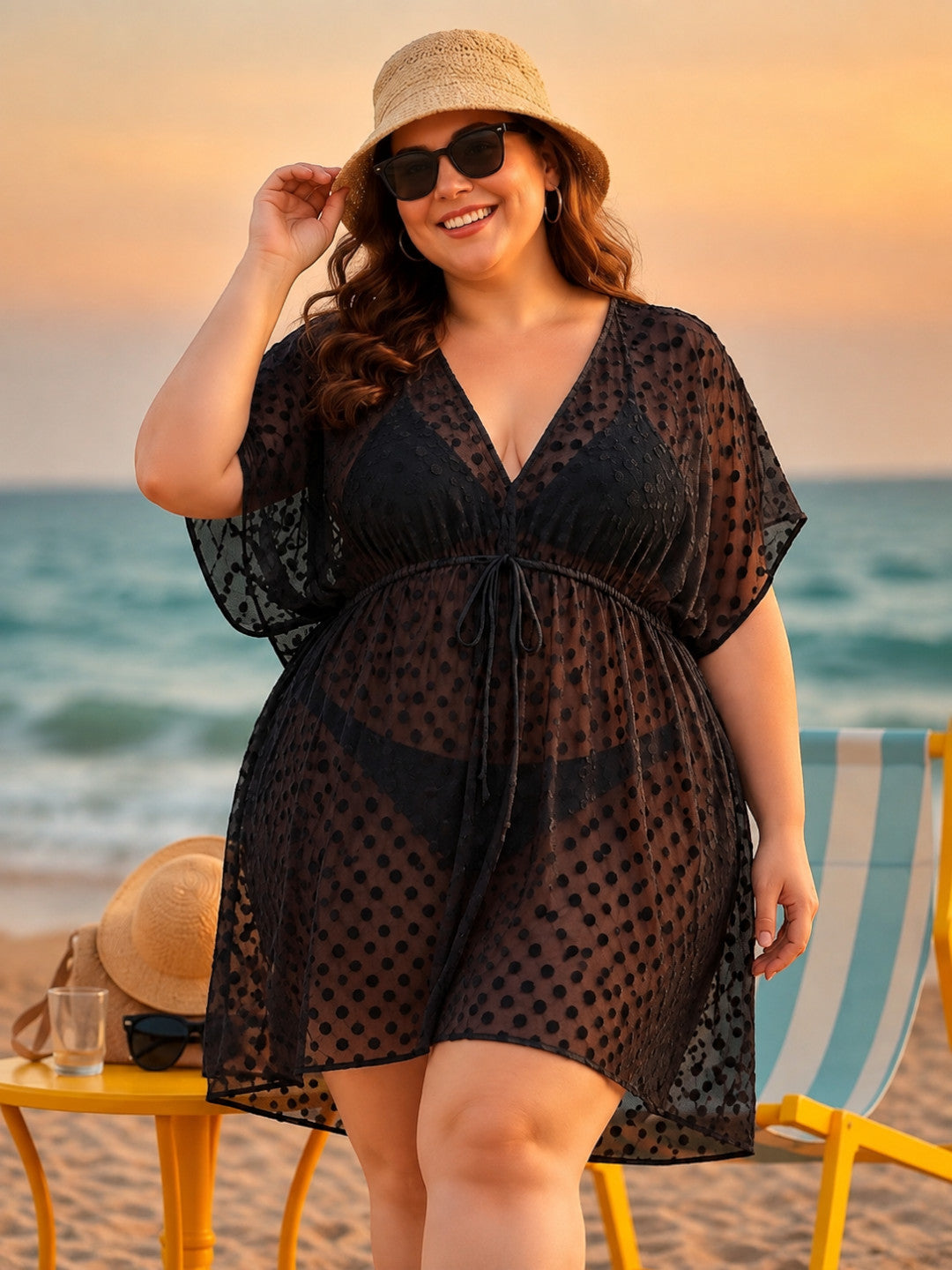 Women Plus Size Black Dobby Swiss Dot Beachwear Kaftan Oxolloxo