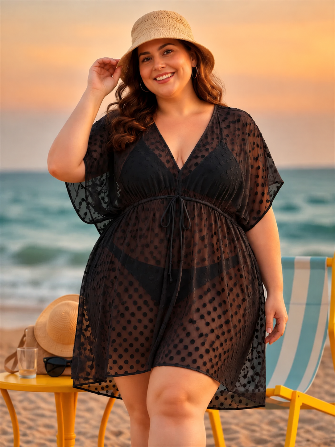 Women Plus Size Black Dobby Swiss Dot Beachwear Kaftan Oxolloxo