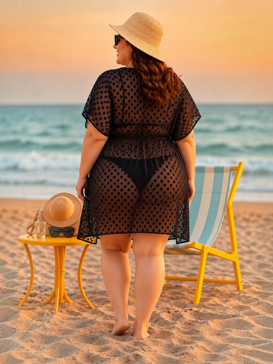 Women Plus Size Black Dobby Swiss Dot Beachwear Kaftan Oxolloxo