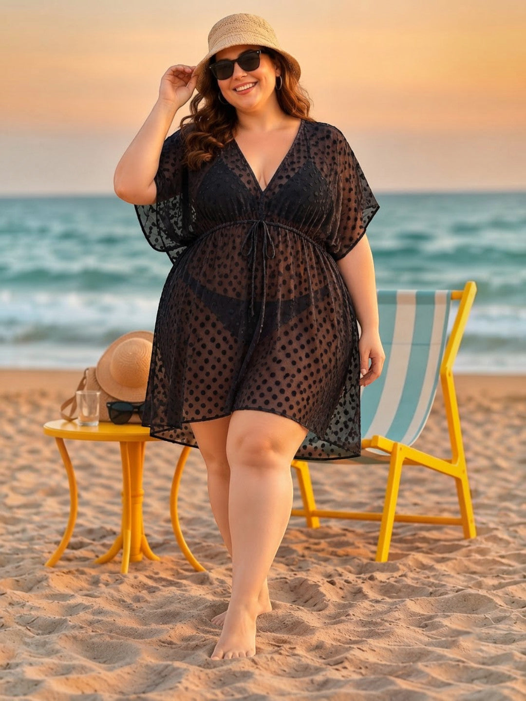 Women Plus Size Black Dobby Swiss Dot Beachwear Kaftan Oxolloxo