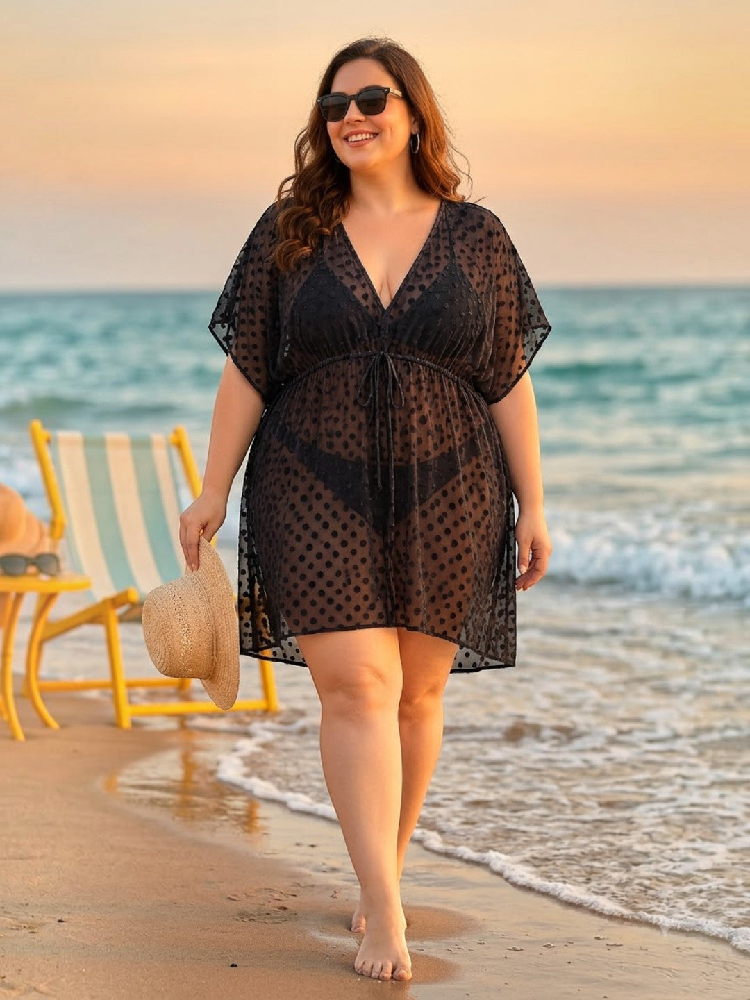 Women Plus Size Black Dobby Swiss Dot Beachwear Kaftan Oxolloxo