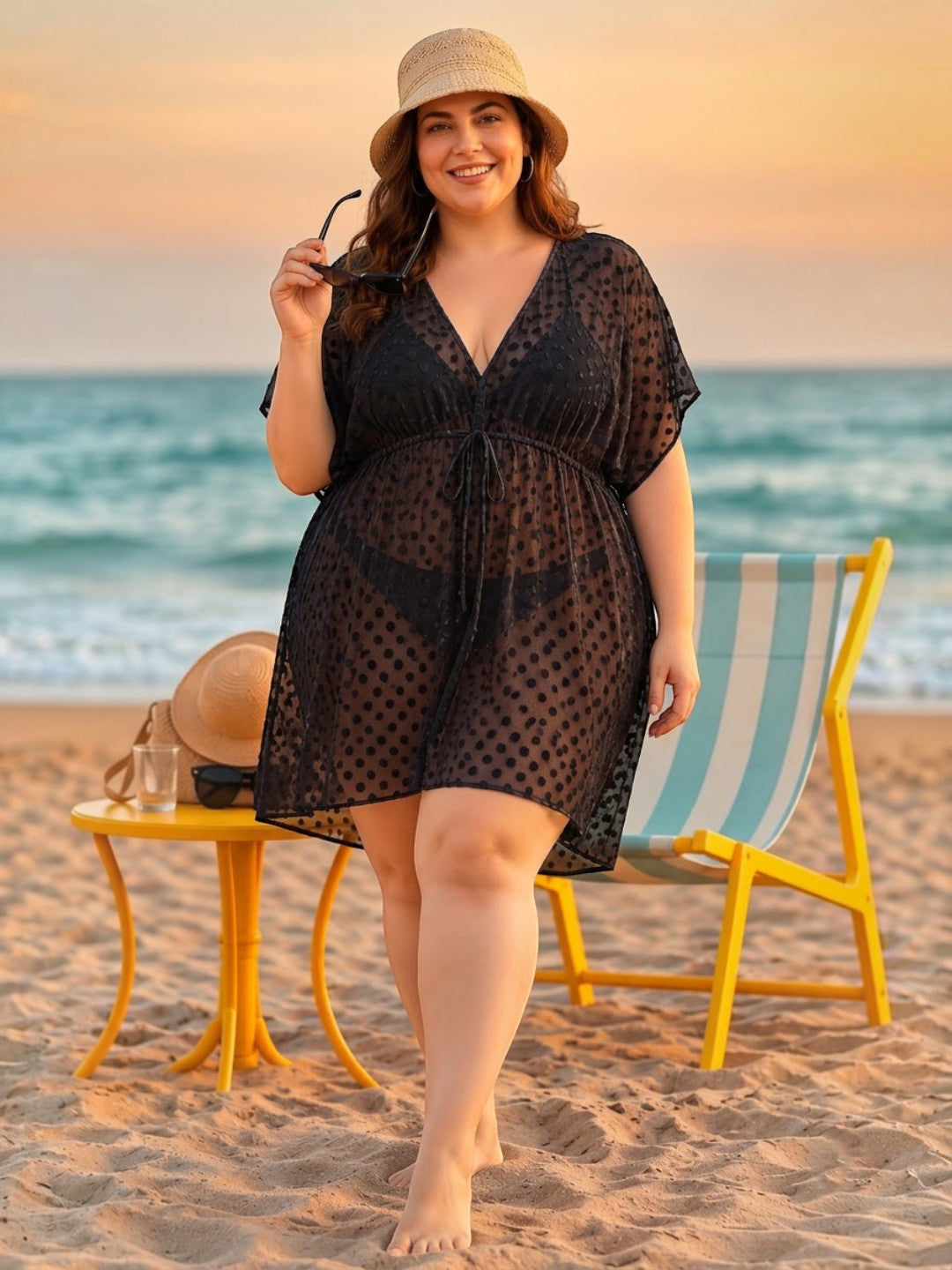 Women Plus Size Black Dobby Swiss Dot Beachwear Kaftan Oxolloxo