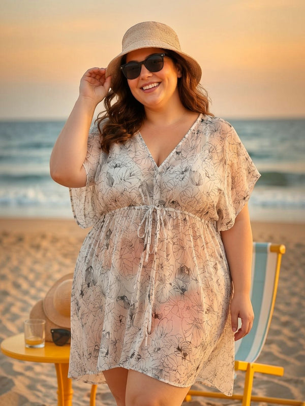 Women Plus Size White Floral Print Beachwear Kaftan Oxolloxo