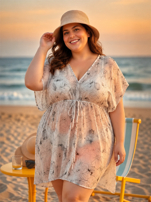 Women Plus Size White Floral Print Beachwear Kaftan Oxolloxo