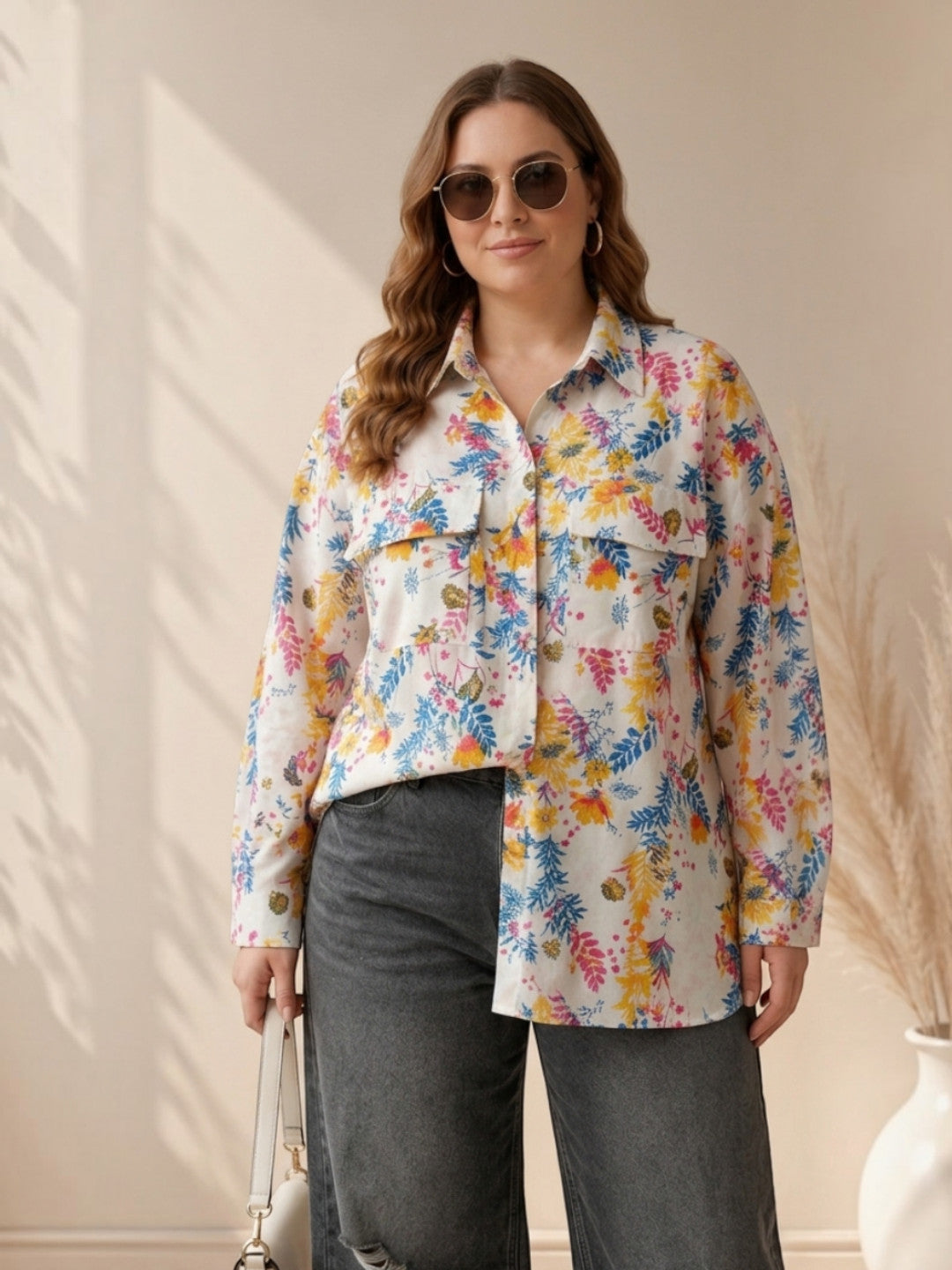 Women Plus Size Multicolor Floral Print Shirt Oxolloxo