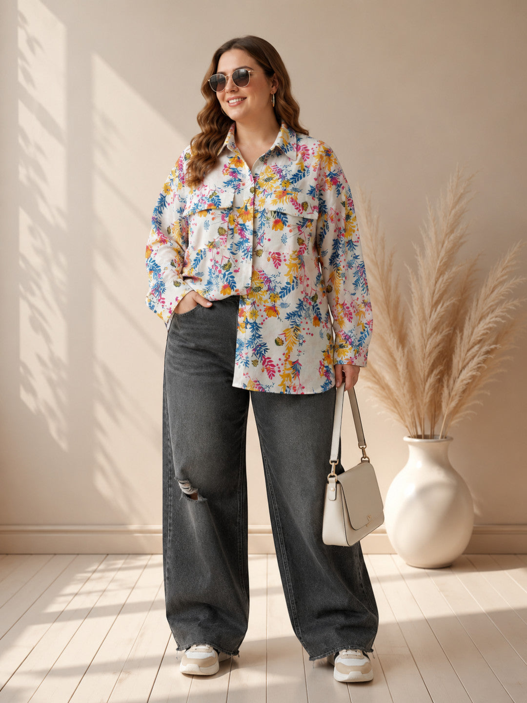 Women Plus Size Multicolor Floral Print Shirt Oxolloxo
