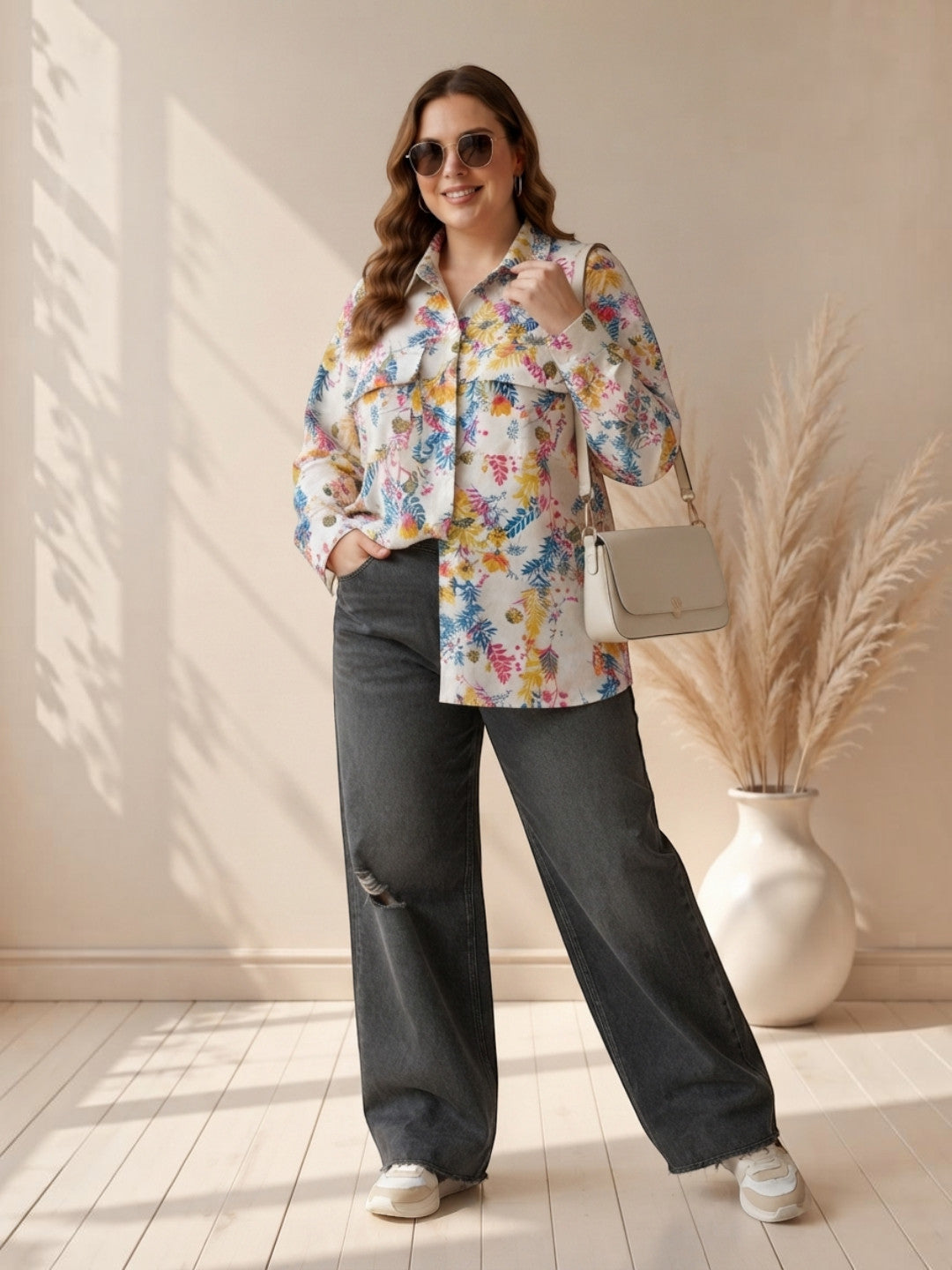 Women Plus Size Multicolor Floral Print Shirt Oxolloxo