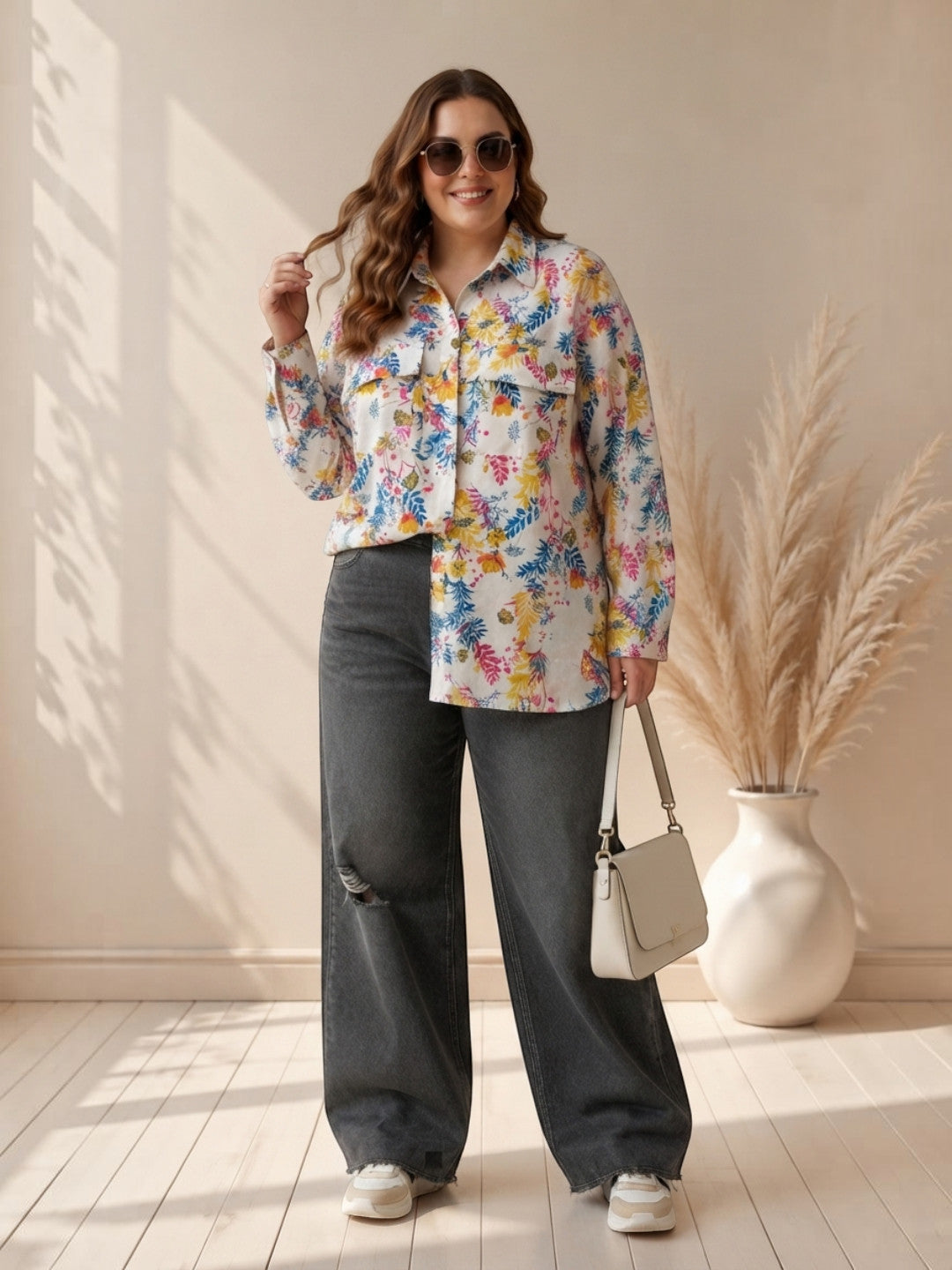 Women Plus Size Multicolor Floral Print Shirt Oxolloxo