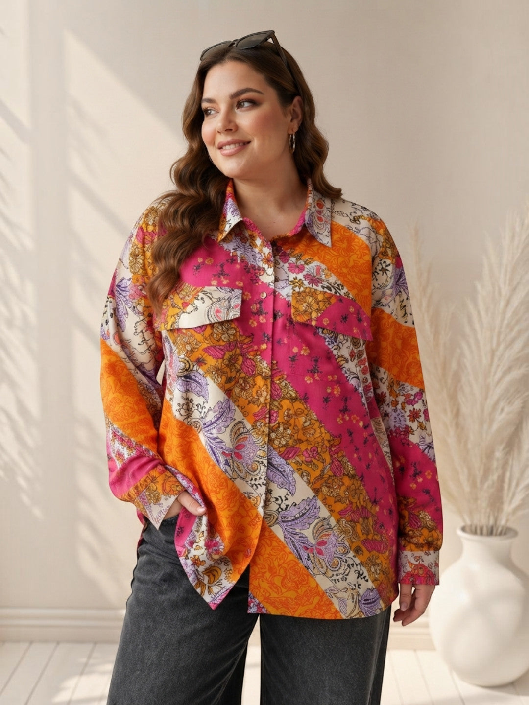 Women Plus Size Multicolor Floral Patchwork Shirt Oxolloxo