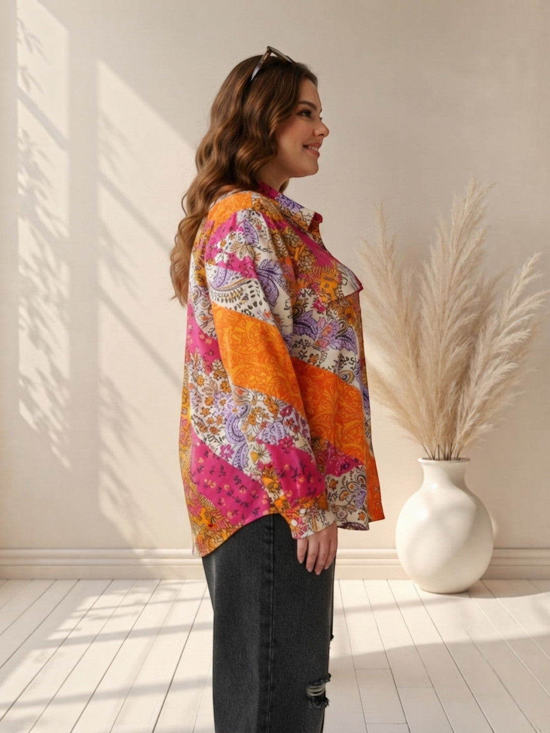 Women Plus Size Multicolor Floral Patchwork Shirt Oxolloxo