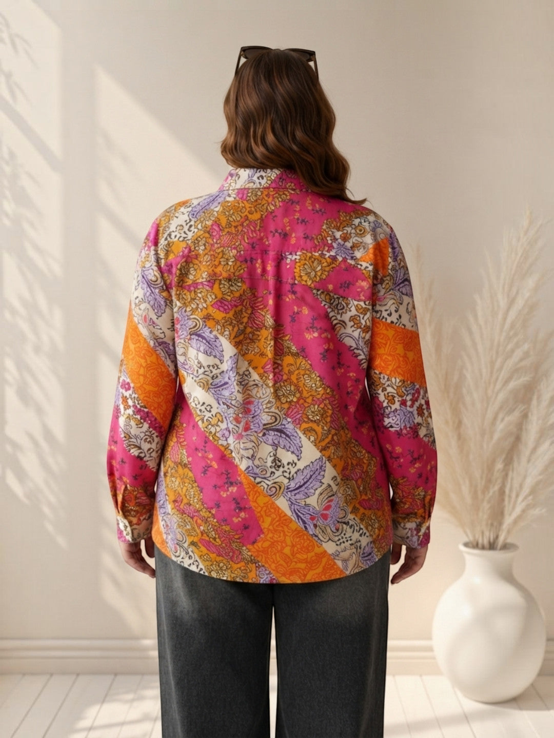 Women Plus Size Multicolor Floral Patchwork Shirt Oxolloxo