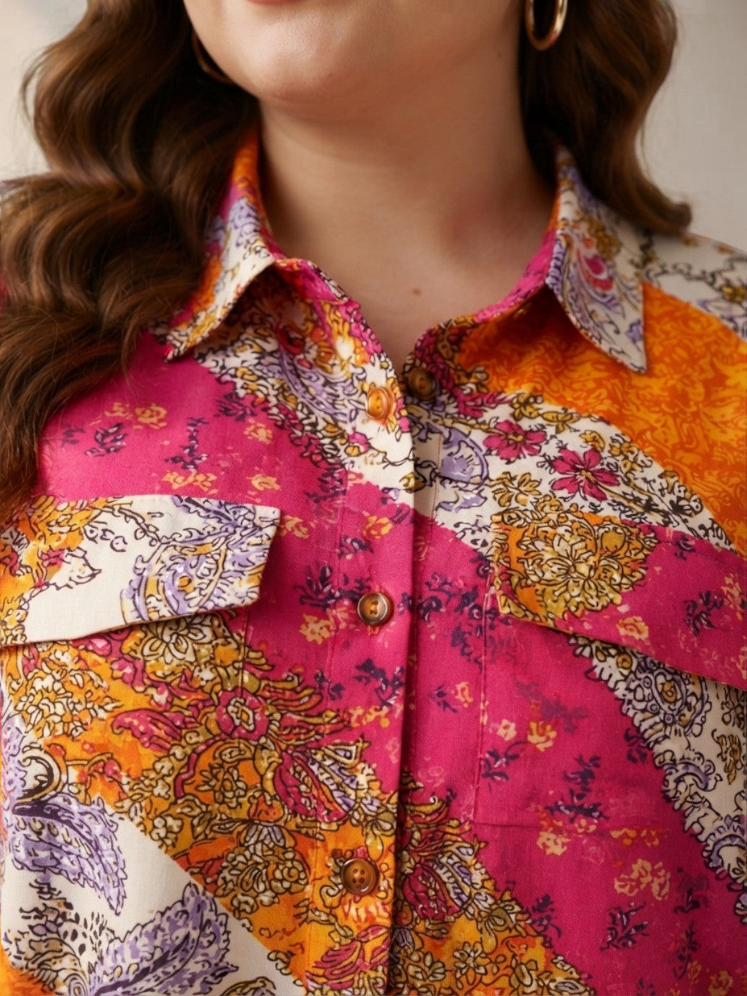 Women Plus Size Multicolor Floral Patchwork Shirt Oxolloxo