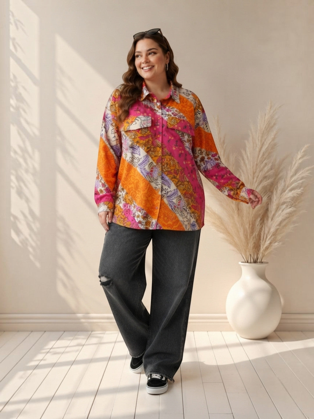 Women Plus Size Multicolor Floral Patchwork Shirt Oxolloxo