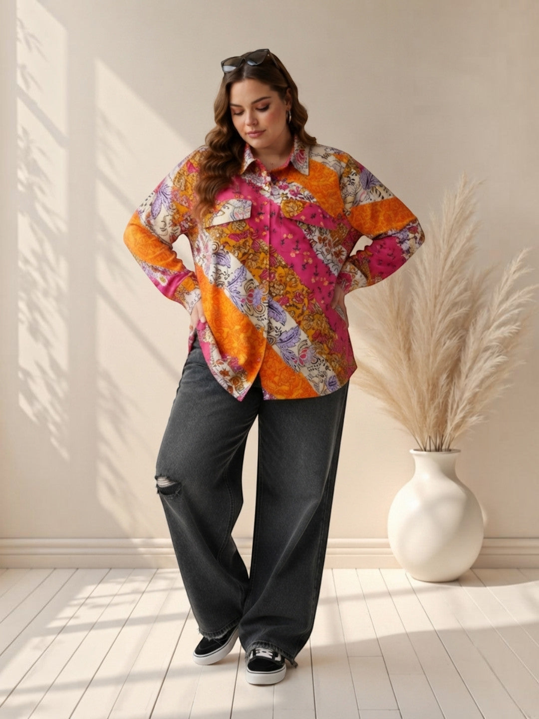Women Plus Size Multicolor Floral Patchwork Shirt Oxolloxo