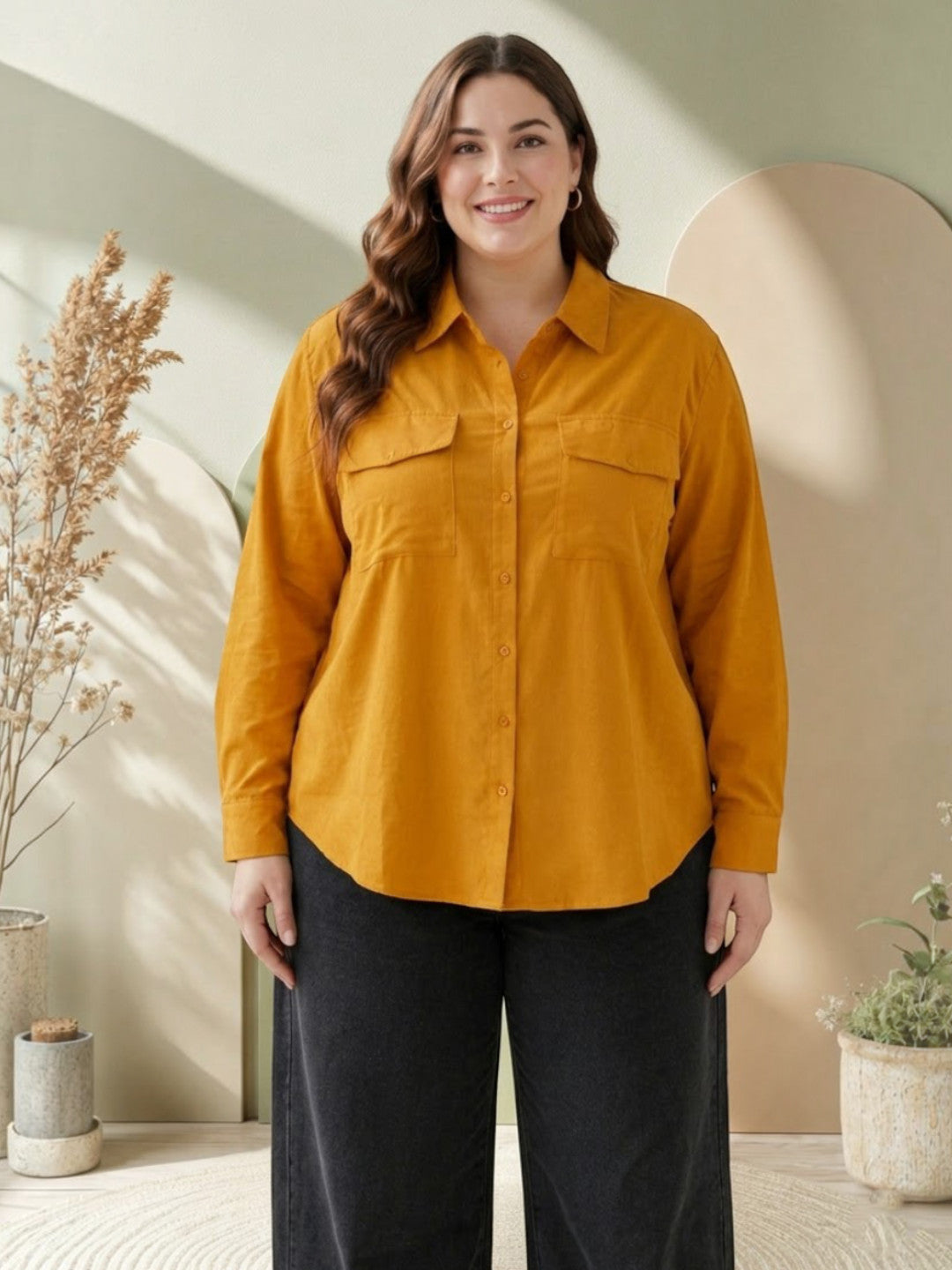 Women Plus Size Mustard Cotton Shirt Oxolloxo