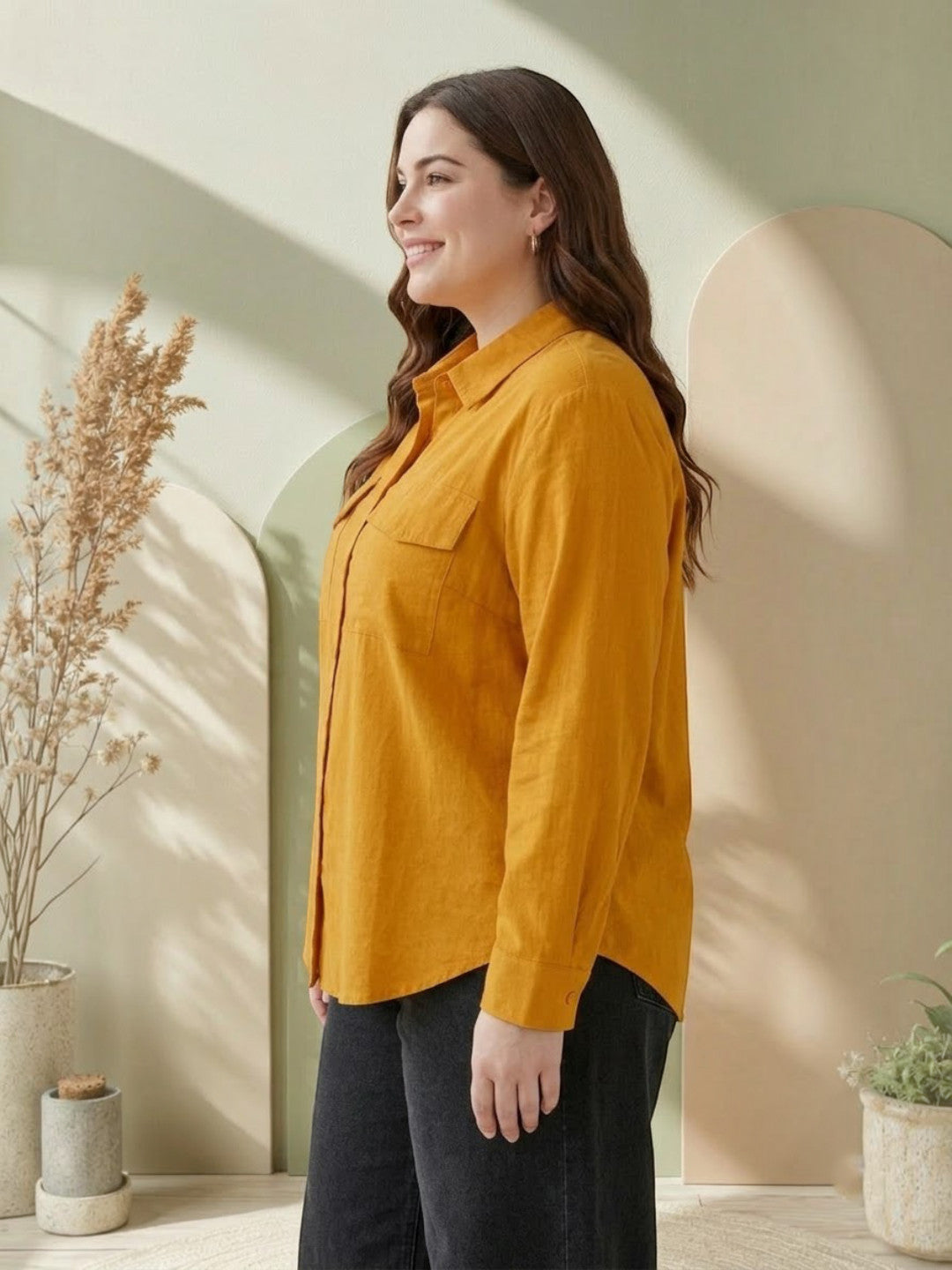 Women Plus Size Mustard Cotton Shirt Oxolloxo