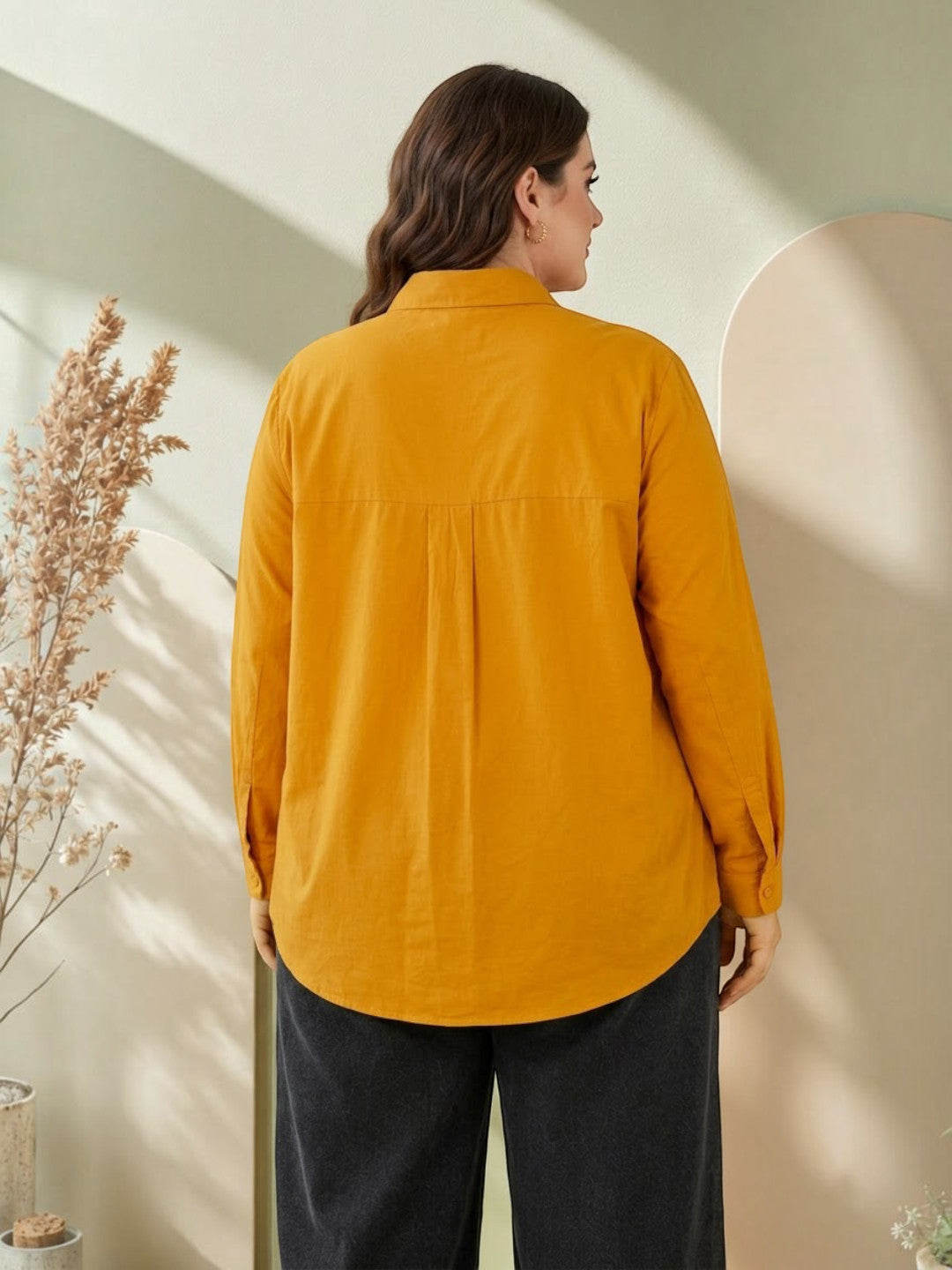 Women Plus Size Mustard Cotton Shirt Oxolloxo