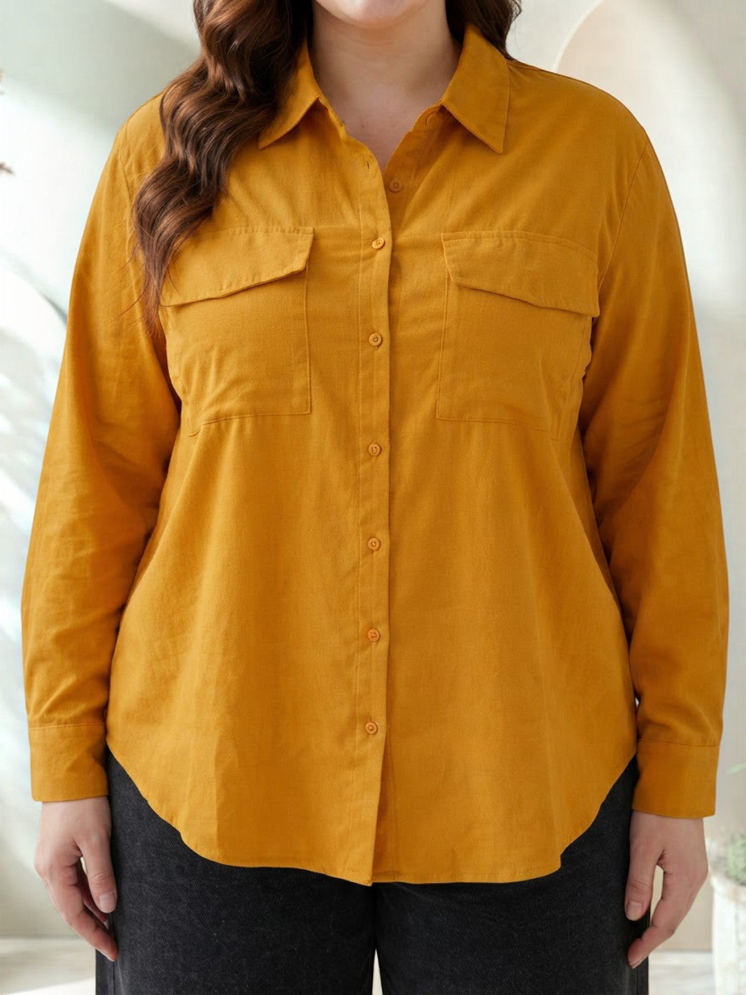 Women Plus Size Mustard Cotton Shirt Oxolloxo