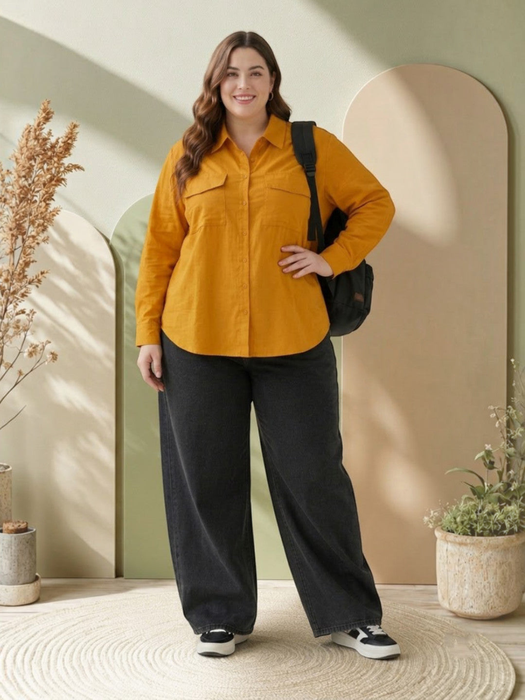 Women Plus Size Mustard Cotton Shirt Oxolloxo