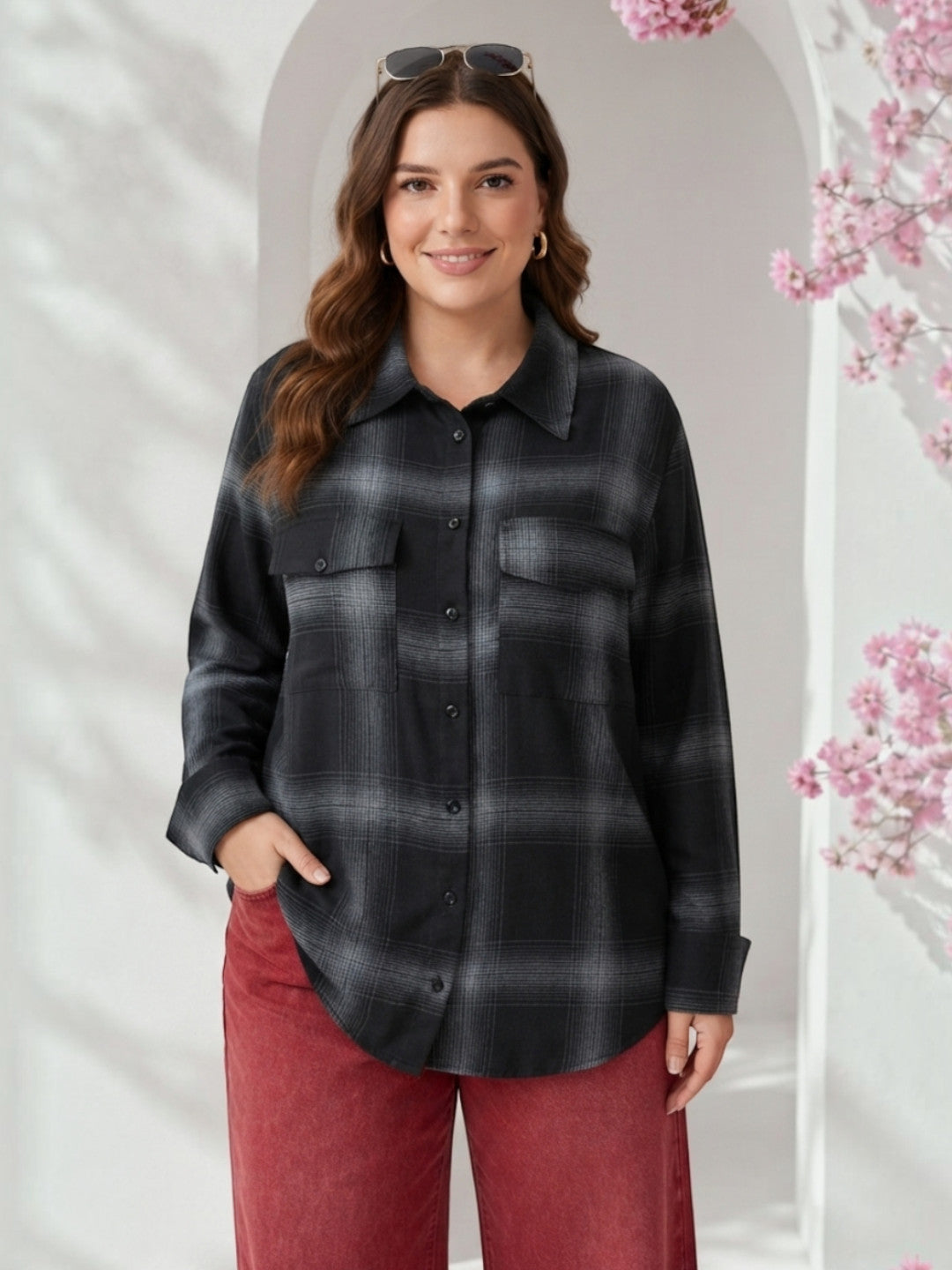 Women Plus Size Black Check Viscose Shirt Oxolloxo