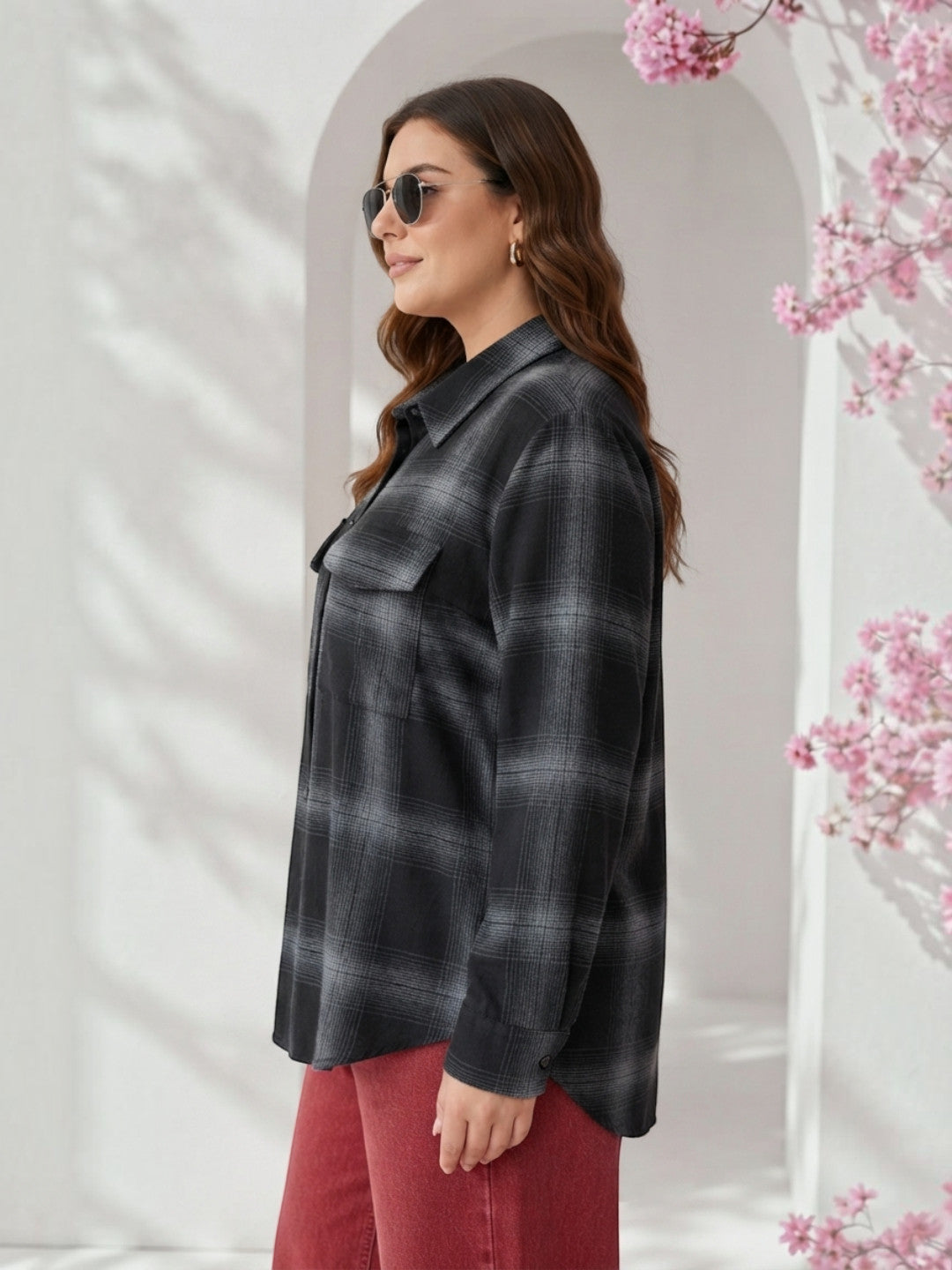 Women Plus Size Black Check Viscose Shirt Oxolloxo