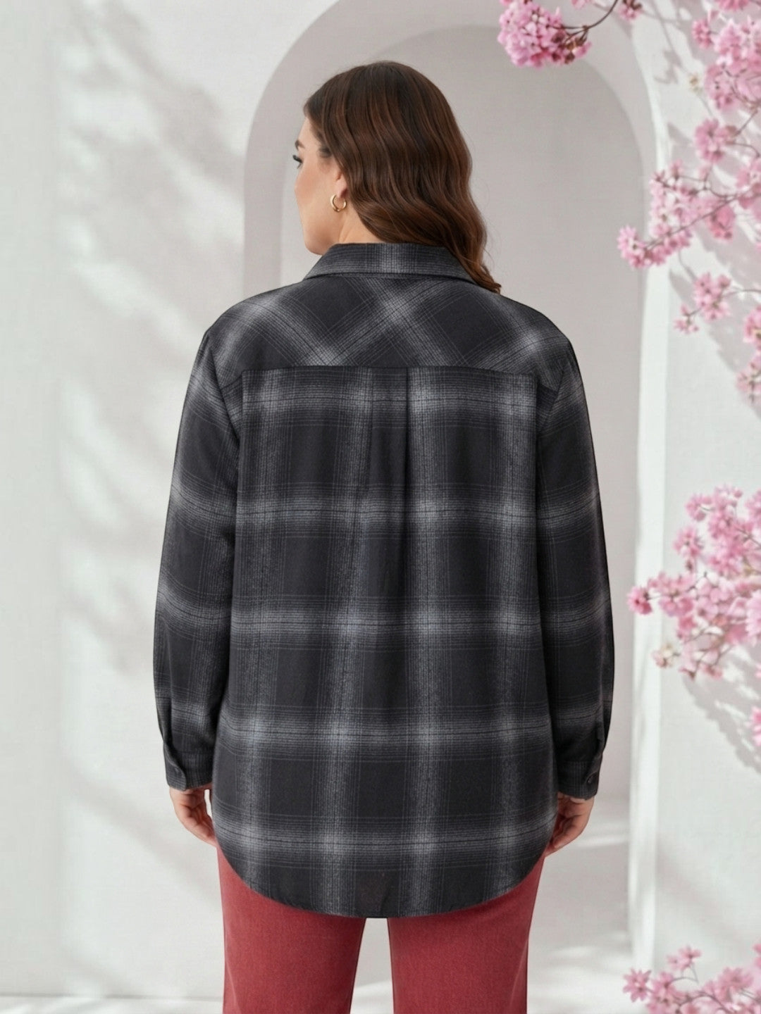 Women Plus Size Black Check Viscose Shirt Oxolloxo
