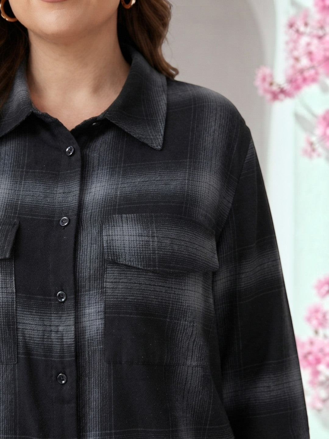 Women Plus Size Black Check Viscose Shirt Oxolloxo